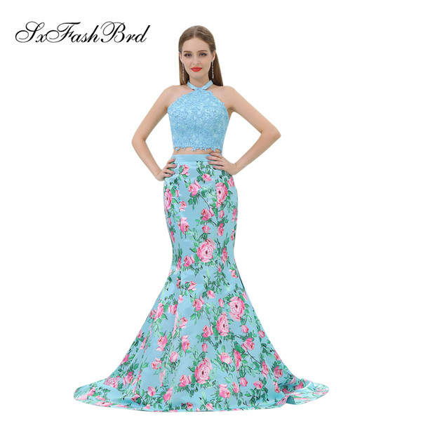 Elegant Girls Dress Halter Neck With Appliques Crop Top Print Satin Long Party Formal Evening Dresses for Women Two Pieces Prom Dress Gowns