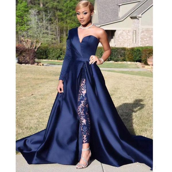 One Shoulder Long Sleeve Prom Dresses Pant Suits A Line Graduation Dresses Dark Navy Split Evening Party Gowns Jumpsuit Celebrity Dresses