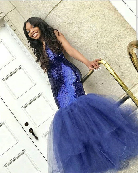 Fabulous Blue Mermaid Sequin Prom Dresses Long Party Dresses Tulle Train Sweet 16 Graduation Gowns Deep V Neck Formal Evening Dresses