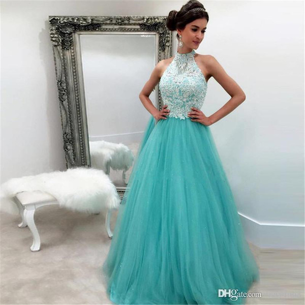 Modest Turquoise Prom Dresses Long 2017 High Neck Appliqued Tulle A-Line Formal Women Evening Gowns Custom Made Vestidos De Festa M22