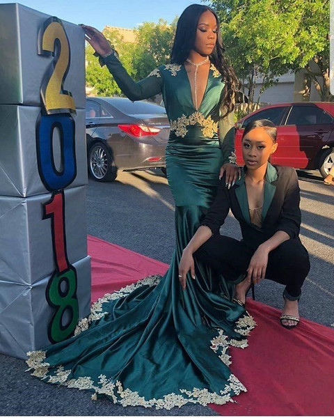 Dark Green Mermaid Prom Dresses Long Sleeve Cheap Sexy Open Back Gold Applique Evening Gowns Formal Black Girls Cheap 42