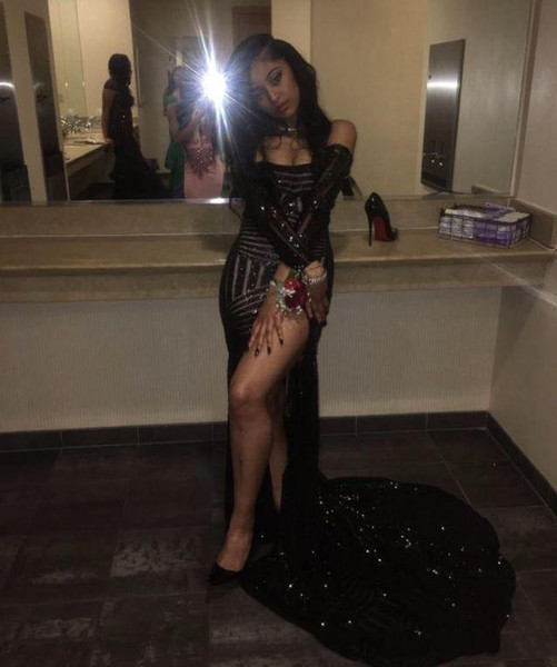 High Slit Long Sleeve Black Sequin Prom Dresses Party Dresses Sweet 16 Graduation Gowns Split Formal Evening Dresses Off the Shoulder