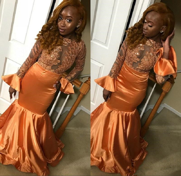 Cheap Black Girls Illusion Long Sleeve Mermaid Prom Dresses Lace Applique Floor Length Evening Gown Orange Special Occasion Dresses 88