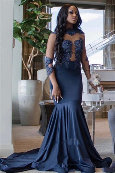 Mermaid High Neck Long Sleeve Prom Dresses Lace Formal Evening Gowns Black Girls Sweet 16 Dress Cocktail Party Quinceanera Gowns 62