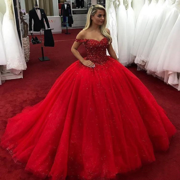 Beaded Crystal Red Prom Dresses Puffy Ball Gown Party Dress Lace Up vestido de festa Formal Evening Gowns Pageant Quinceanera Dresses