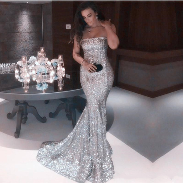 Silver Sequied Prom Dresses Strapless African Mermaid Evening Dresses Gold Sequins Evening Gowns Party Gowns Celebrity Dresses Custom Made