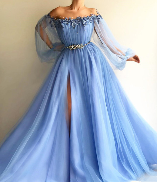 Boho Sky Blue Prom Dresses Split Long Sleeves Blue Flower Evening Party Dresses Off Shoulder A Line Sheer Neck Bohemian Pageant Party Gowns