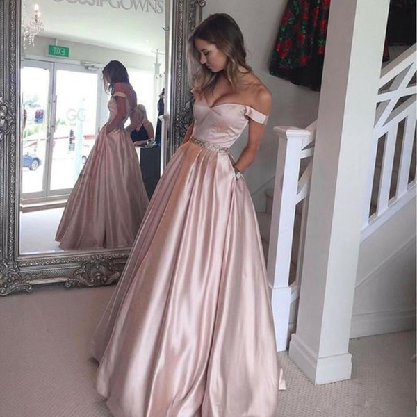 Simple Satin Light Pink Long Prom Dresses 2017 Off the Shoulder A-Line Evening Party Dress Graduation Gowns Custom Made Floor Length Beaded