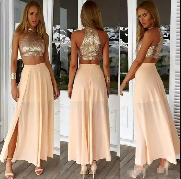 Two Pieces Champagne Prom Dresses Jewel Neck Chiffon Skirt with High-thigh Split Side Long Formal Evening Party Gowns Custom M98