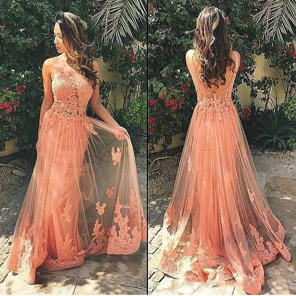 Backless Lace Prom Dresses Applique Tulle Long Evening Party Dress Beach Party Gowns Customize Open Back Sheer Neck Prom Pageant Gowns