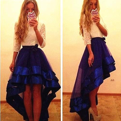 Royal Blue Lace Organza Prom Dresses Jewel Neck High Low A Line Homecoming Graduation Dresses with Long Sleeves Party Gowns mm30