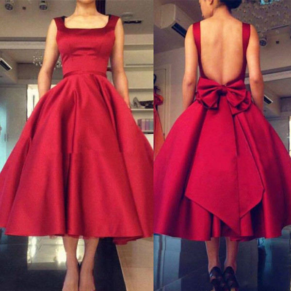 Tea Length Red Prom Dresses Sexy Open Back Short Party Gowns Square Neck Evening Party Dresses with Back Bow Satin Graduation Dresses Cheap