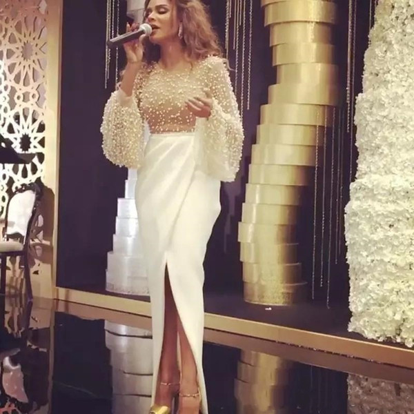 Arabic Dubai White Prom Dresses Long Party Dresses myriam fares Pearls Beaded Evening Dresses Front Split Skirt robe de soiree Long Sleeve