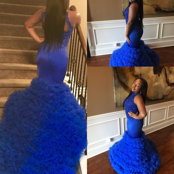 African Girl Mermaid Prom Gowns Crystal Beads Ruffles Evening Party Dresses Halter Graduation Gowns Lace Applique Sleeveless custom made