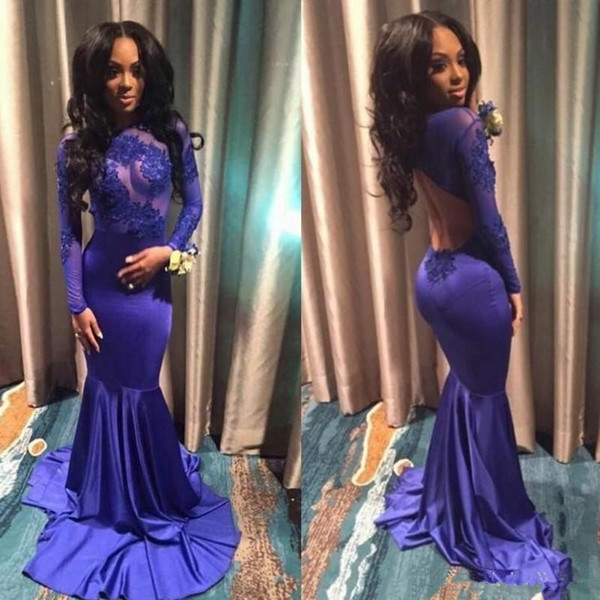 Long Sleeve Royal Blue formal evening dresses Lace cocktail party dresses african prom dresses long Backless women See Through pageant gowns