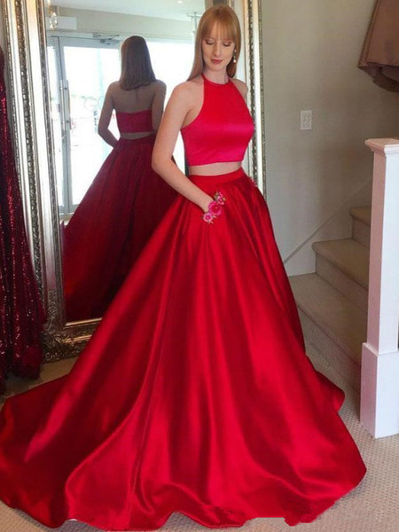 Simple Red Satin Prom Dresses Long Two Pieces Party Dresses Halter A Line Prom Formal Evening Sexy Backless Dresses 87