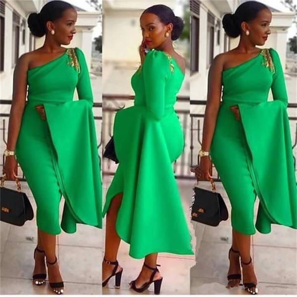 African Mermaid Prom Dresses New One Shoulder Ruffles Green Tea Length Gold Applique Formal Evening Dresses Party Gowns 82