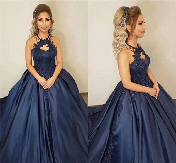 Dark Navy Prom Dresses Halter Lace Evening Party Gowns Sweet 16 Quinceanera Graduation Dresses Pageant Dress Puffy Skirt Custom Made