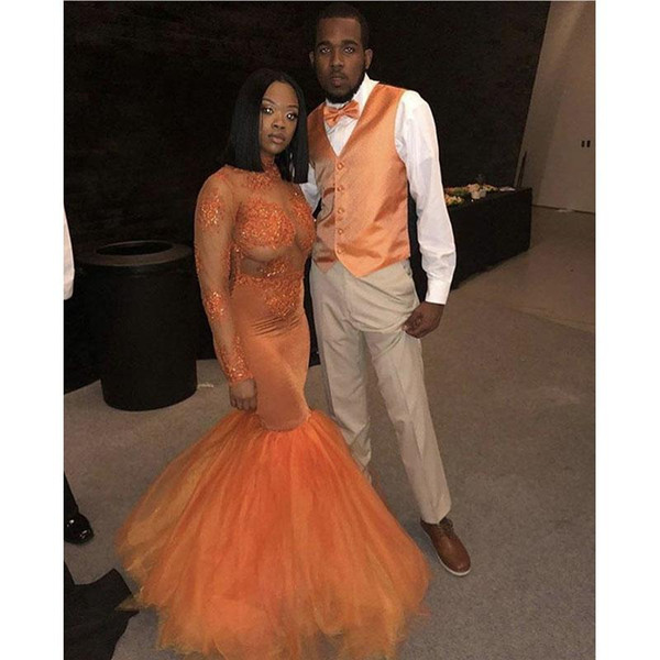 African Orange Mermaid Long Sleeve Prom Dresses New Party Gowns Lace Applique Beading Tull Illusion High Neck Formal Evening Dresses 75