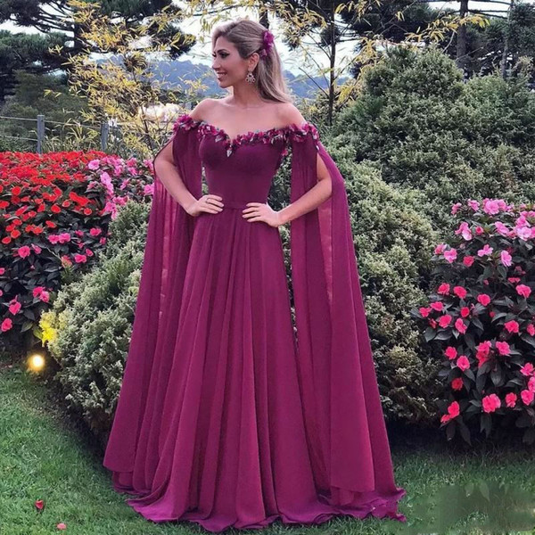 Chiffon Prom Dresses Off Shoulder 3D Handmade Flower Appliques Evening Gowns Long Party Dress Formal Chiffon Gown Bridesmaid Dresses