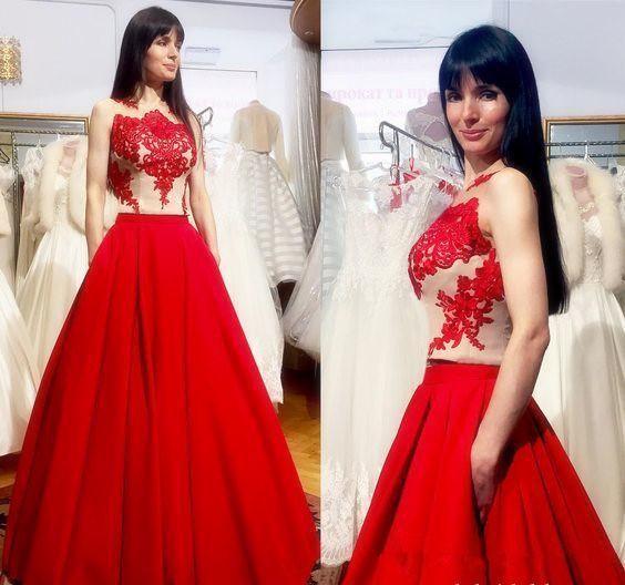 Vintage Red Satin Lace Illusion Long Prom Dresses Sleeveless A Line Floor Length Formal Evening Dresses New Party Gowns 32