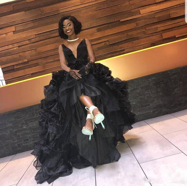 Black Prom Dresses Crystal Party Gowns Ruffles Organza Sweet 16 Graduation Dresses Deep V Neck Pageant Dress Evening Dress Customize