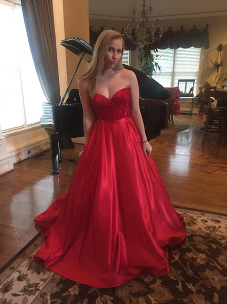 Strapless Red Prom Dresses Lace Top Prom Gowns Satin A Line Formal Evening Party Dress Long Occasion Graduation Dresses