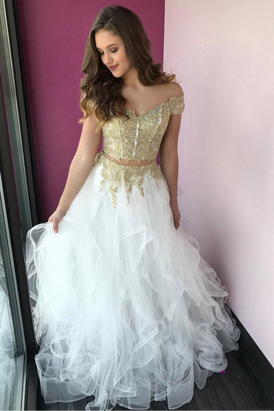 2 Pieces White Prom Dresses Gold Lace Applique Prom Gowns Evening Dress Party Gowns 8th grade graduation dresses Occasion Dresses