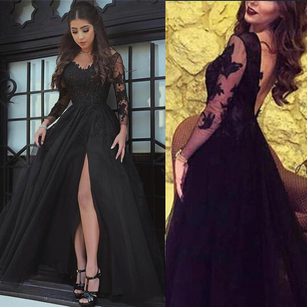 Glamorous Long Sleeve Black Lace Evening Dress Sexy Backless Black Prom Dresses Floor Length High Slit Formal Party Evening Gowns Illusion