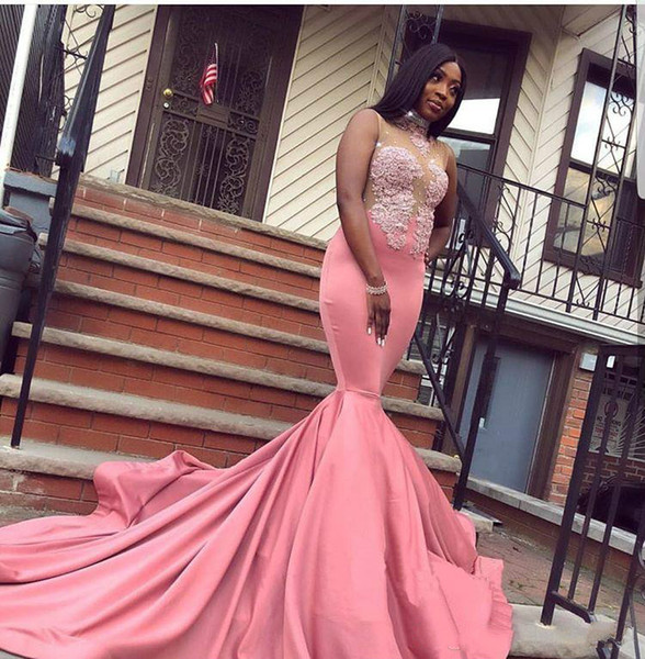 African Lace Mermaid Pink Prom Dresses Black Girl Graduation Dresses Applique Long Evening Party Gowns High Neck Pageant Gowns Plus Size