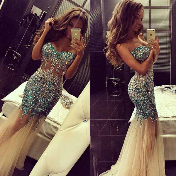 Sparkly Mermaid Prom Dresses Artificial Rhinestone Crystals Sweetheart Champagne Tulle Beaded Long Sweet Evening Pageant Gowns Sheer 