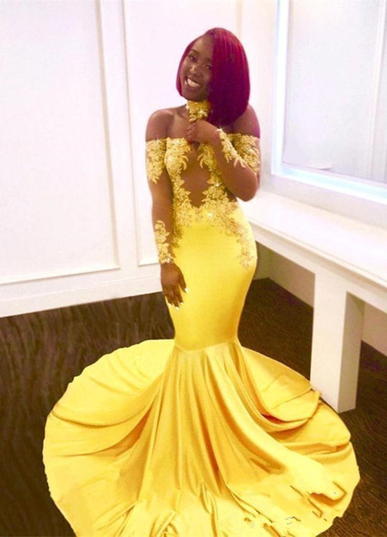 New Yellow Elegant Off the Shoulder Lace Prom Dresses Formal Long Sleeves Mermaid Appliques Satin Arabic Evening Gowns Long