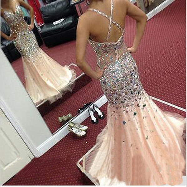 Crystal and Tulle add Lining Mermaid Prom Dresses V-Neck Sleeveless Criss-Cross Sweep Train Long Beaded Party Evening Gowns