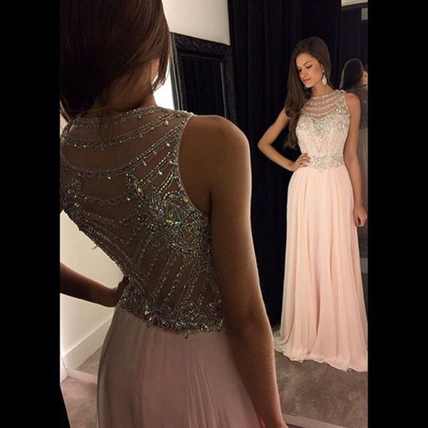 Chiffon and Crystal A-line Prom Dresses Jewel Sleeveless Cover Back Sweep Train Light Pink Beaded Party Evening Dresses Long