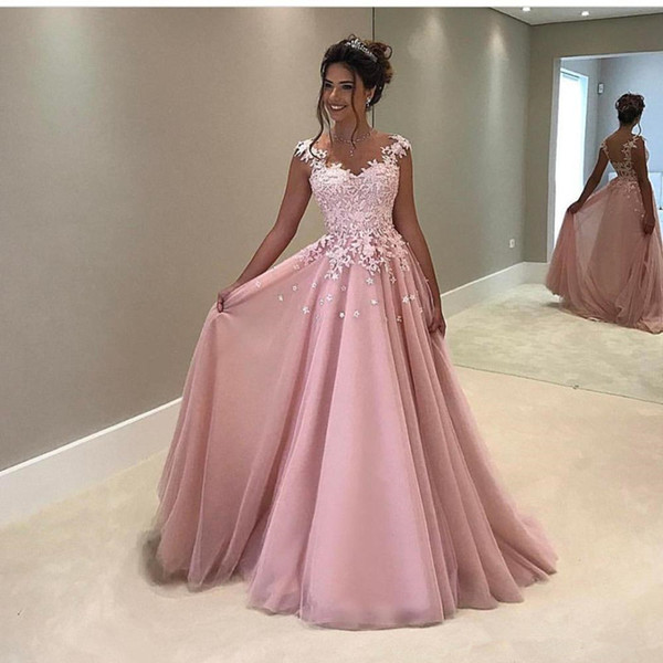 1 Pink Long Evening prom Gown Elegant Vestido De Festa A Line Evening Gowns Applique Robe De Soiree Cheap Evening Dress Abendkleider