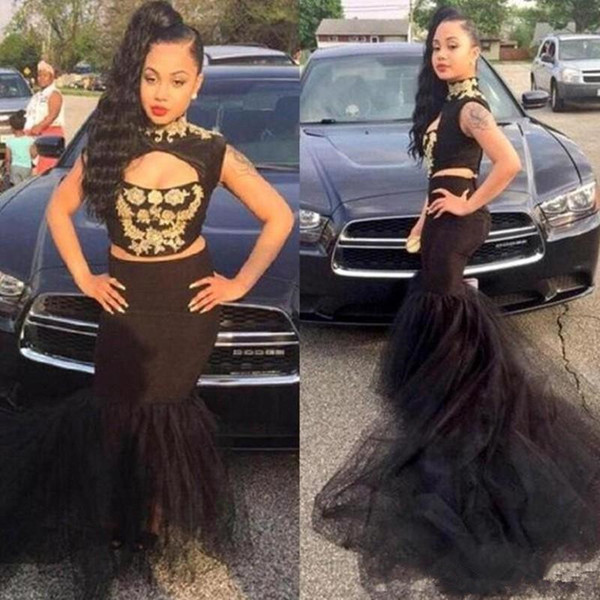 High Neck Sexy Two Pieces Prom Dresses Long Train Gold Appliques Satin And Tulle Mermaid Evening Gowns African Style Homecoming Dress