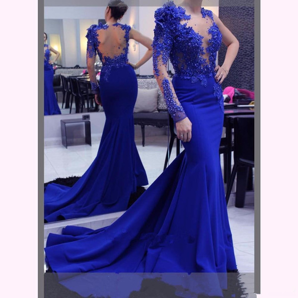 Satin Mermaid Prom Dresses One Shoulder Long Sleeve Sheer Back Sweep Train Royal Blue Sexy Formal Dresses Evening Gowns with Beaded