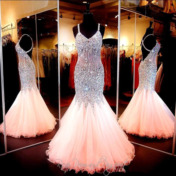 Custom Made Tulle with Crystal Prom Dresses 2017 V-Neck Sleeveless Criss-Cross Floor Length 2017 Beaded Evening Dresses