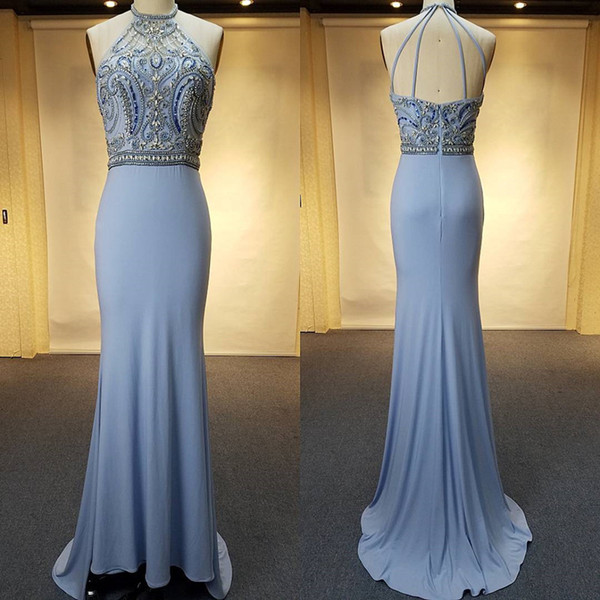 Halter Sleeveless Backless Mermaid Prom Dresses with Chiffon and Crystals Party Gowns Evening Dresses Custom Measurements Vestido De Festa