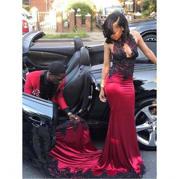 Sexy Prom Dresses High Neck Sleeveless Off the Shoulder Backless Sweep Train Satin and Lace with Applique Long Party Evening Dresses