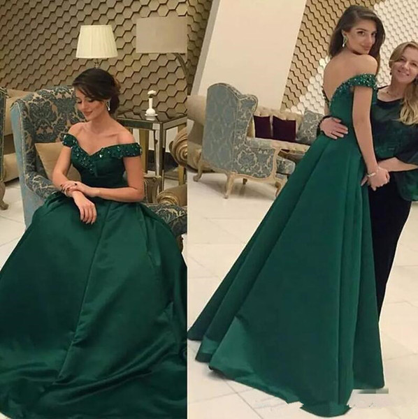 Fabulous A-Line Dark Green Bead Long Prom Dresses Off-the-shoulder Neck Zipper Back Evening Gown With Sleeves Formal Dresses Evening Wear