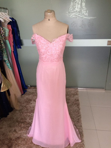 Real Photos Pink Prom Dresses 2017 V-Neck Short Sleeve Backless Sweep Train Chiffon and Top Lace Beaded Party Evening Dresses