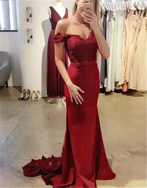 Red Mermaid Prom Dresses 2017 V-Neck Short Sleeve Backless Sweep Train Satin and Lace Ribbons Party Evening Dresses 