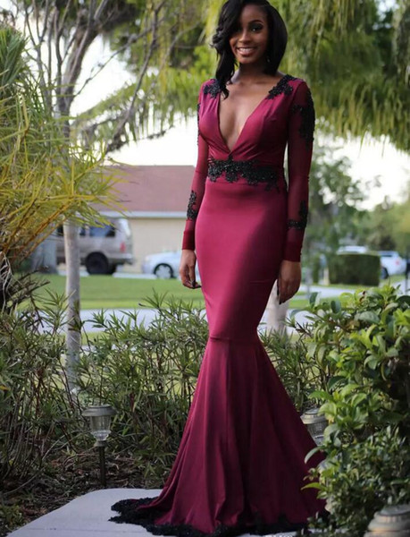 Sexy Deep V Neck Prom Dresses 2017-Burgundy Mermaid Long Sleeves Evening Gowns With Black Sequins Appliques Open Back Women Formal Wear