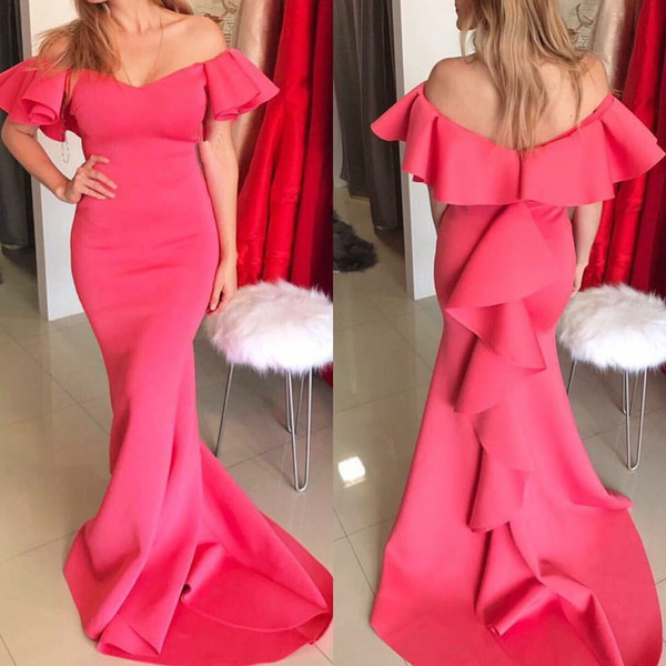 Sexy Mermaid Prom Dresses Strapless Short Sleeve Backless Sweep Trian Satin Party Gowns Evening Dresses 2017 Custom Made