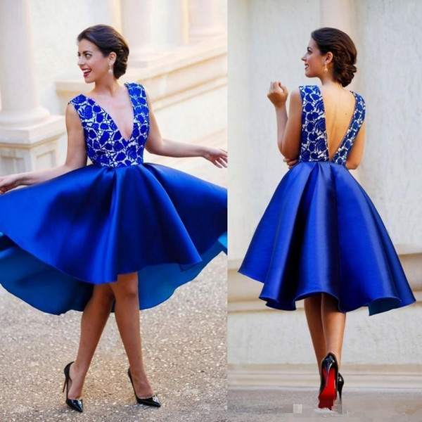 Cheap Blue Short Party Cocktail Dresses Deep V Neck Backless Lace and Knee Length Satin Prom Gowns Evening Dress Formal Wear