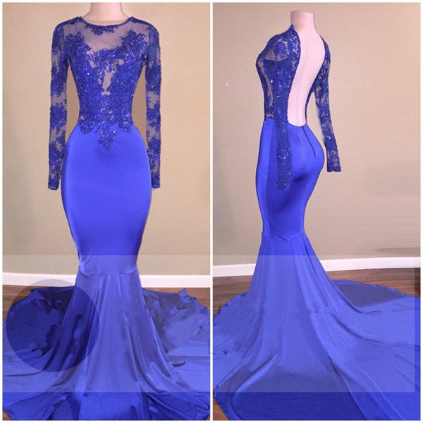 Backless Mermaid Prom Dresses Jewel Long Sleeve Sweep Train Satin with Lace and Applique Crystals Royal Blue Evening Dresses