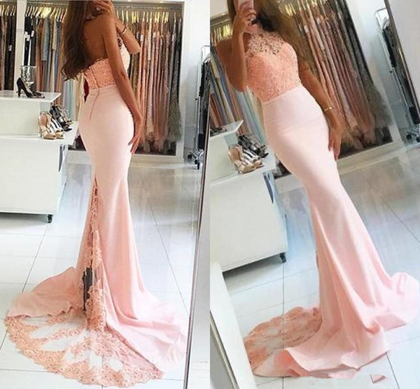 Custom Made Long Mermaid Prom Dresses 2017 Halter Sleeveless Backless Sweep Train Satin with Lace Sexy Party Gowns Evening Dresses