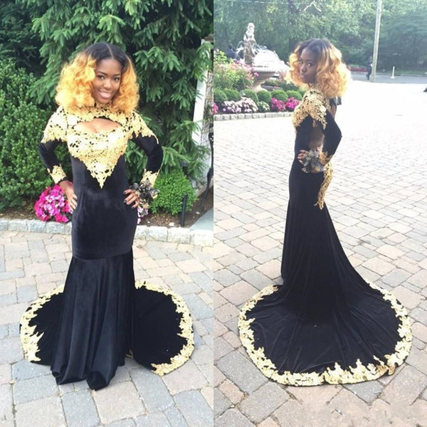 Custom Made Long Sleeve Mermaid Prom Dresses 2017 High Neck Backless Sweep Train Velvet and Gold Applique Black Evening Dresses