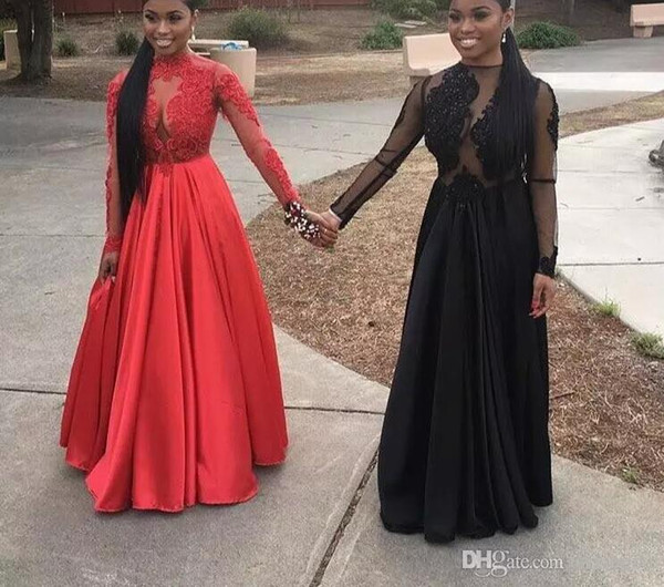 2017 African Black Girls Sexy Prom Dresses Lace Appliques Beading Long Sleeves Evening Dress A Line Robe De Soiree Party Gown